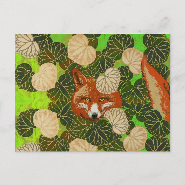 CARTE POSTALE FOX ROUGE PARMI LES FEUILLES VERTS ET LE FOLIAGE (Devant)