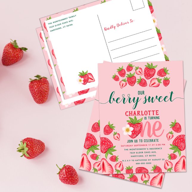 Carte Postale Fraise 1er Anniversaire Fête Berry Sweet Rose (Créateur téléchargé)