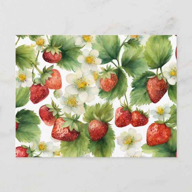 Carte Postale Fraise et fleurs de fraisier à l'aquarelle (Devant)