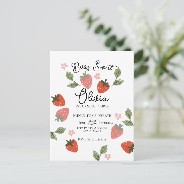 Carte Postale Fraise thème Fille fête d'anniversaire (Debout devant)