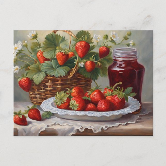 Carte Postale Fraises fraîchement récoltées et confiture de frai (Devant)