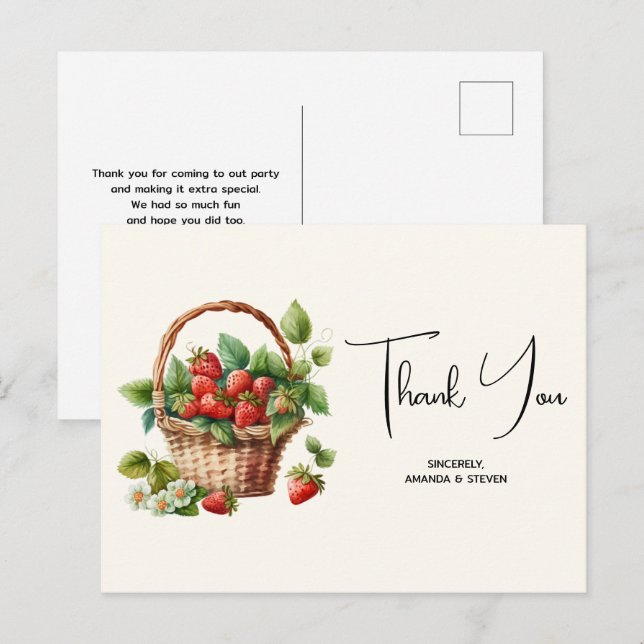 Carte Postale Fraises fraîches dans un Merci de panier en osier (Devant / Derrière)
