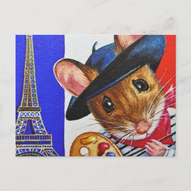 Carte Postale France Artiste Souris Tour Eiffel Aquarelle Art (Devant)