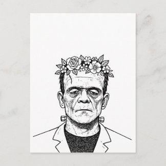Carte Postale Frankenstein avec une couronne de fleurs