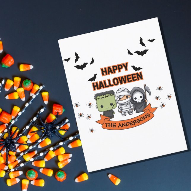 Carte Postale Frankenstein Mummy Grim Reaper Cute Chat Halloween (Créateur téléchargé)