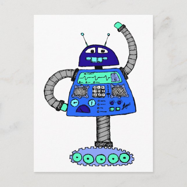Carte Postale Frankie Robot : bleu sur blanc (Devant)