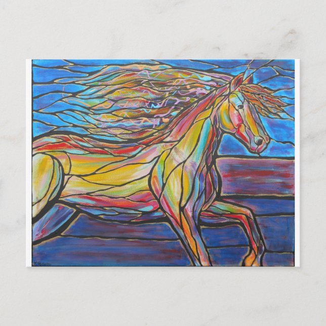 Carte Postale "Free Rein" Horse Art Mosaic / Style Verre Trait! (Devant)