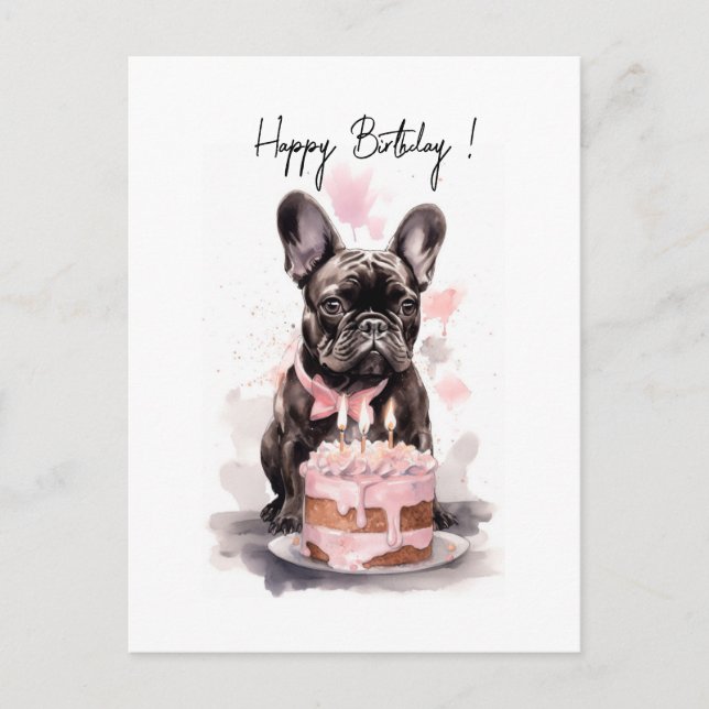 Carte Postale French Bulldog avec gâteau d'anniversaire (Devant)