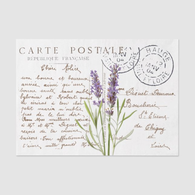 Carte Postale French Script Lavender Flower Craft Tissue Paper (Front)