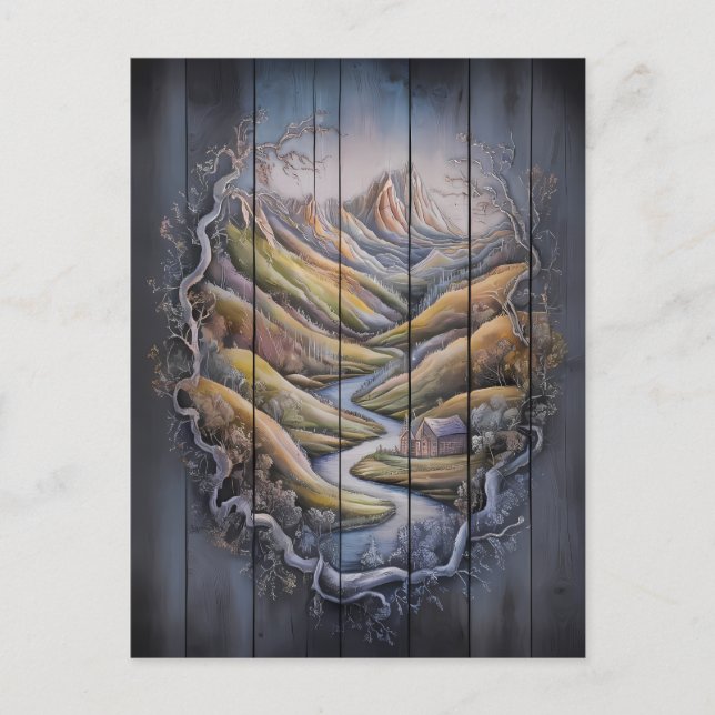 Carte Postale Fresque de montagne majestueuse sur mur en bois (Devant)