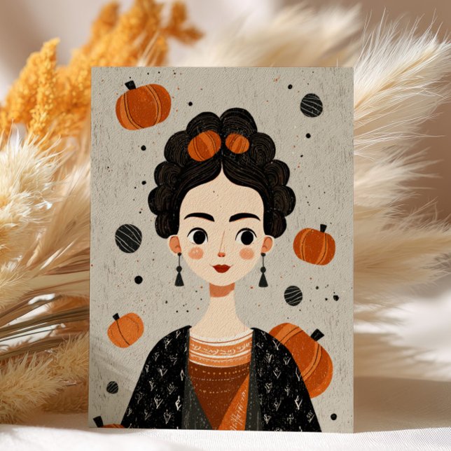 Carte Postale Frida Kahlo avec Halloween Éffrayant Citrouille (Créateur téléchargé)