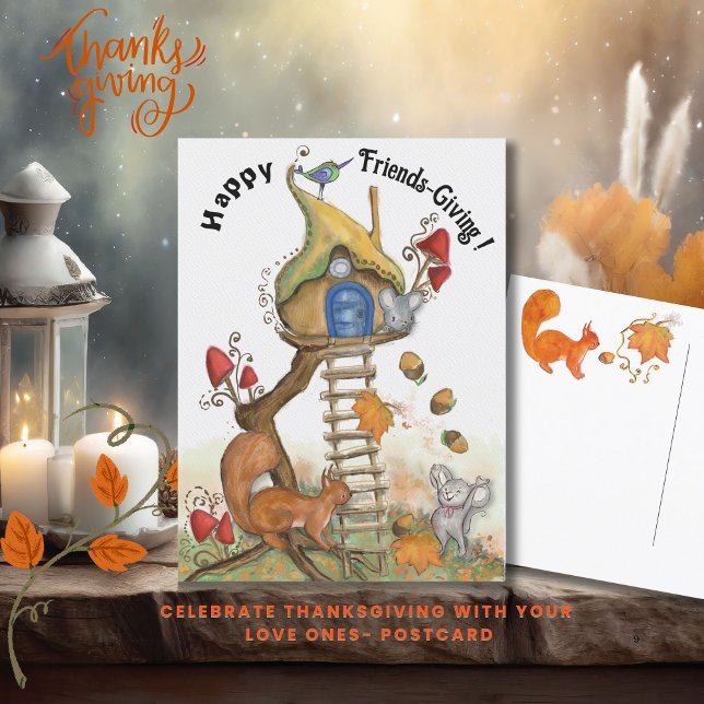 Carte Postale Friendsgiving en forêt - Cabane enchantée (Woodland Friendsgiving - Entchanted Treehouse Postcard)