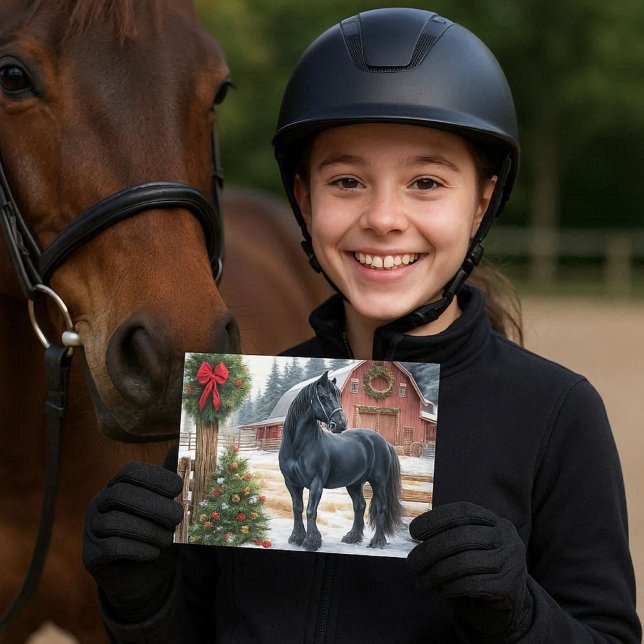 Carte Postale Friesian Horse Merry Christmas  (Christmas postcard featuring a Friesian horse, ideal for any horse enthusiast.)