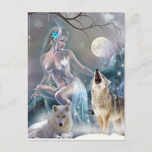 Carte Postale Froid dans le temps Fille et loups d'hiver (Devant)