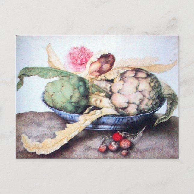 CARTE POSTALE FRUITS DE SAISON 4- ARTICHOKES, ROSE & FRAISES (Devant)