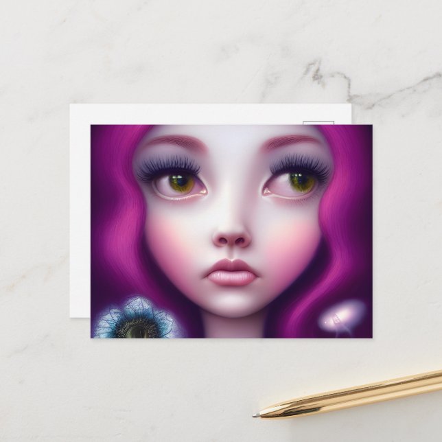 Carte Postale Fuchsia Coiffure verte Yeux fille (Devant/Arrière en situation)