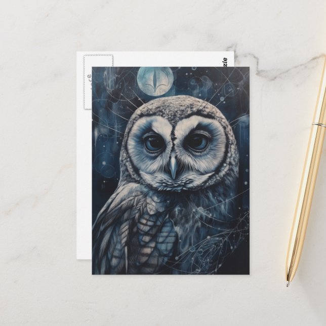 Carte Postale Full Moon Winter Snow Owl  (Devant/Arrière en situation)