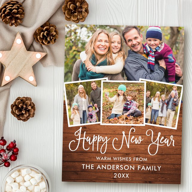 Carte Postale Fun Calligraphy Wood Joyeux Nouvel An 4 Photo (Customize to change your personalized text size or text style.)