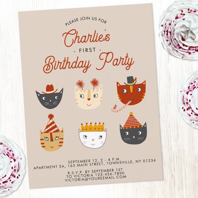 Carte Postale Fun Chat Personnalisé 1er Anniversaire Fête Invita (Fun kitty cat first birthday party invitation postcard for animal lovers)