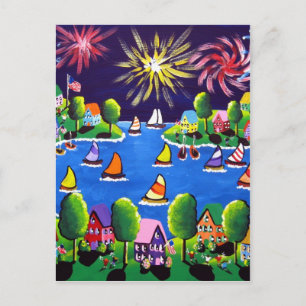 Carte Postale Fun Fireworks 4 juillet Folk Art
