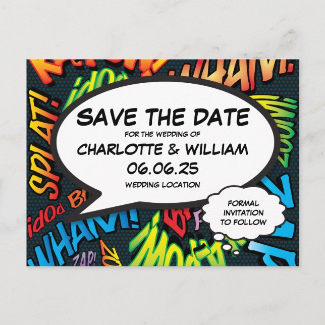 Carte Postale Fun Modern Comic Book Save the Date Mariage (Devant)