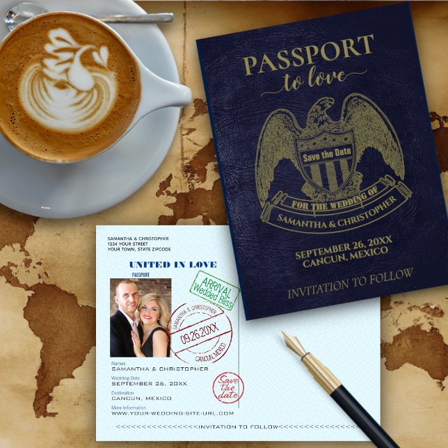 Carte Postale Fun Passport Destination Mariage Enregistrer la da (Front and Back)