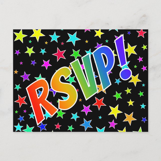 Carte Postale Fun Rainbow Letters "RSVP!" + Stars Motif (Devant)