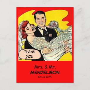 Carte Postale Fun rétro vintage mariage de bande dessinée merci