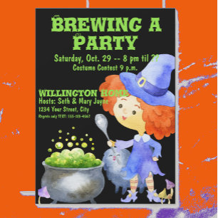 Carte Postale Fun Witch Green Bubbles Purple Halloween Party