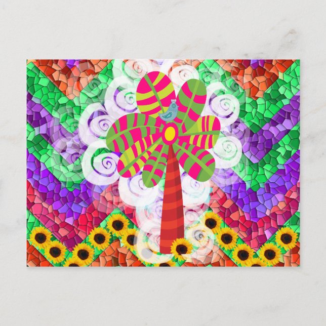 Carte Postale Funky Chevron Mosaic Arbre Tourne Tournesols Été (Devant)