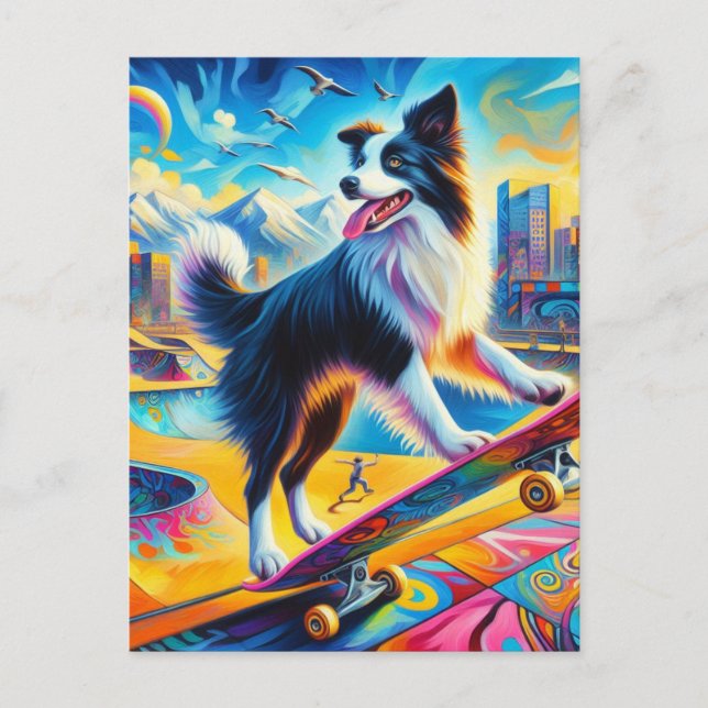 Carte Postale Funky Surreal Skateboard Bordure Collie (Devant)