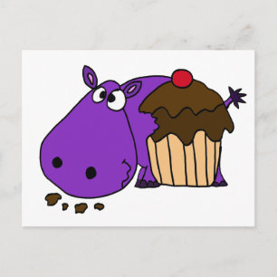 Carte Postale Funky Violet Hippo Manger Cupcake