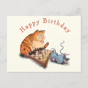 Carte Postale Funny Birthday Card Chat et souris Jouer aux échec