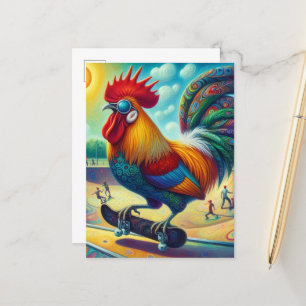 Carte Postale Funny Coloré Surreal Skateboard Rooster