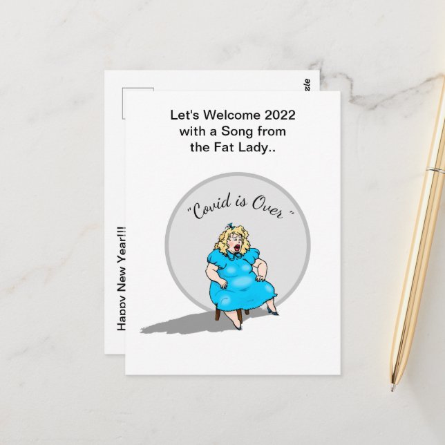 Carte Postale Funny Fat Lady chanter Nouvel An 2022 Célébration (Devant/Arrière en situation)
