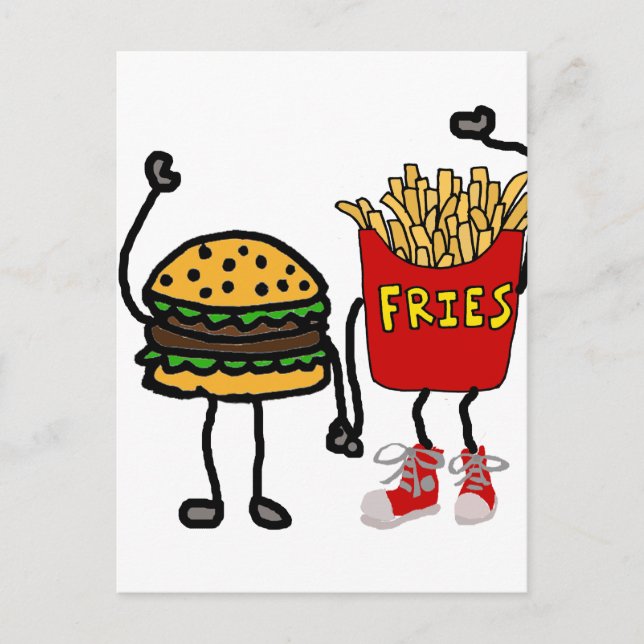 Carte Postale Funny Hamburger et French Fries Cartoon Art (Devant)