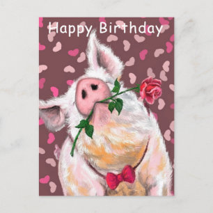 Carte Postale Funny Happy Birthday Card Porc Gentleman avec Rose