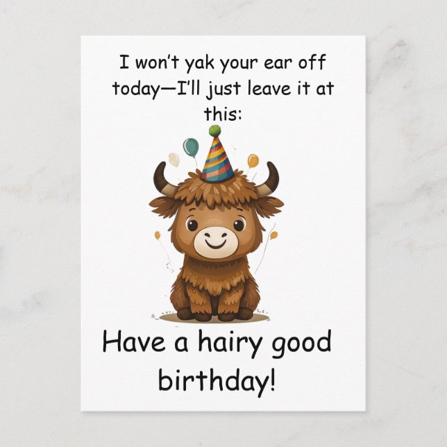 Carte Postale Funny Highland Yak: Hairy Good Birthday Puns (Devant)