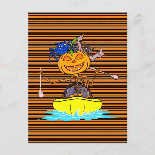 Carte Postale Funny Kayaker Skeleton Kayaking Citrouille Hallowe (Devant)