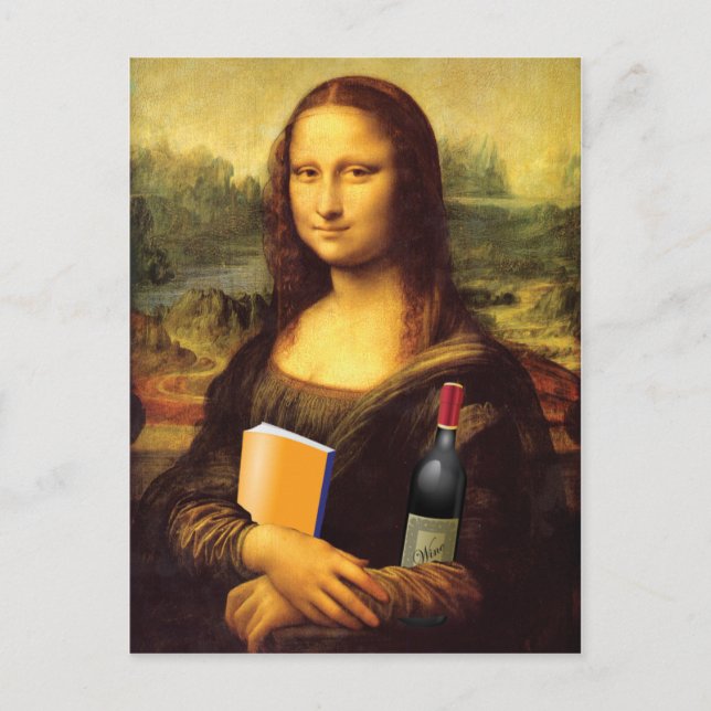 Carte Postale Funny Mona Lisa avec du vin et du livre (Devant)
