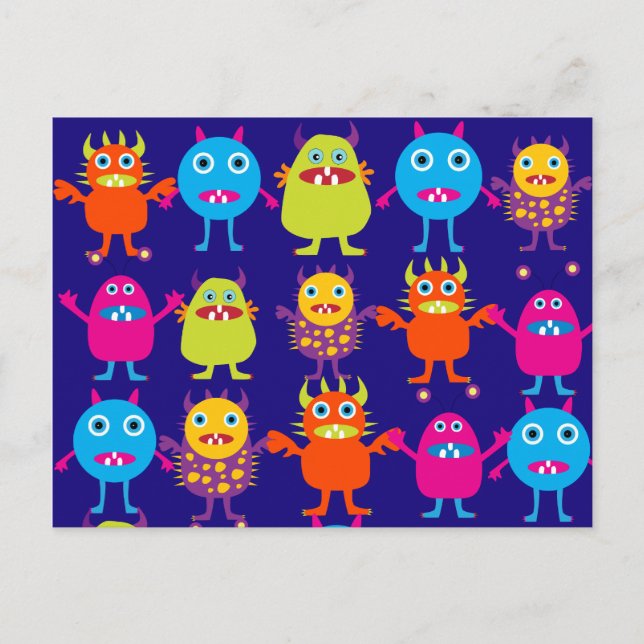 Carte Postale Funny Monster Party Cute Créatures sur le bleu (Devant)