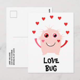 Carte Postale Funny Pink Love Coeurs de bug Saint Valentin