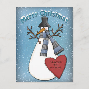Carte Postale Funny Snowman avec casquette et foulard