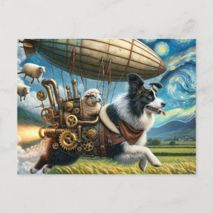 Carte Postale Funny Steampunk Bordure Collie avec mouton et limb