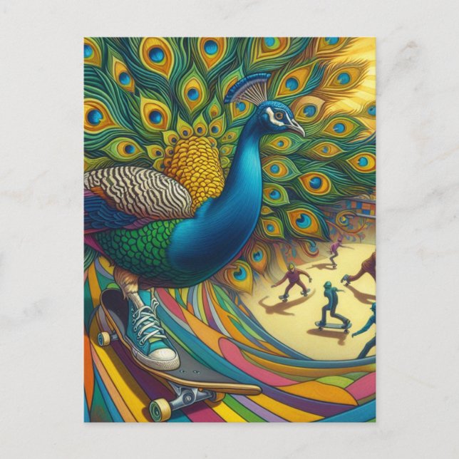 Carte Postale Funny Surreal Peacock Wears Tennis Shoe Skateboard (Devant)