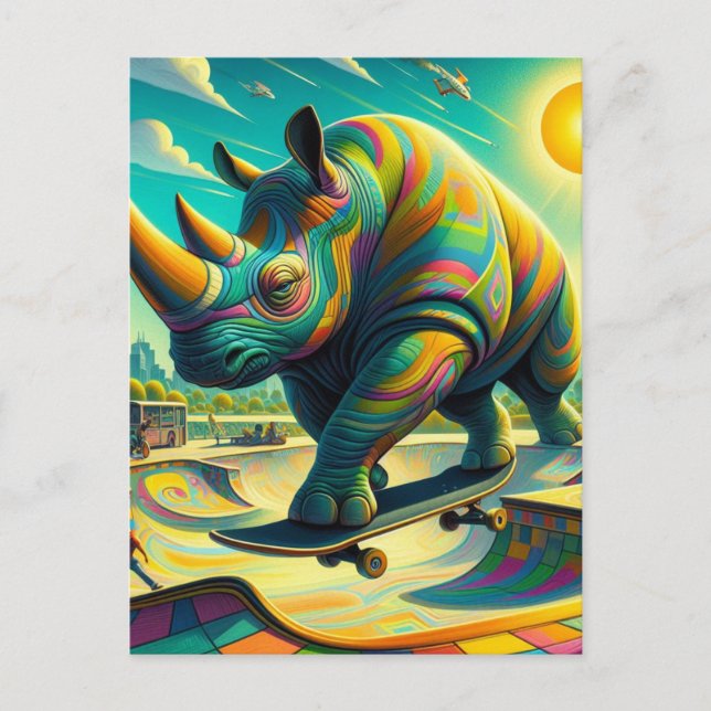 Carte Postale Funny Surreal Rhino Skateboard (Devant)