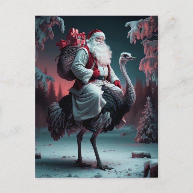 Carte Postale Funny Unique Père Noël et Ostrich neige de Noël (Devant)