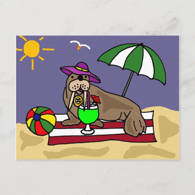 Carte Postale Funny Walrus au Beach Art (Devant)