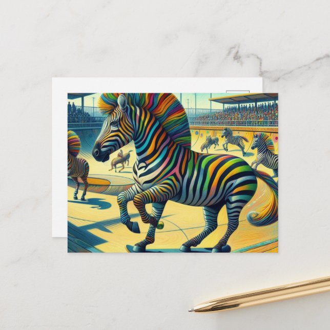 Carte Postale Funny Zebra avec Skateboard extra-jambe (Devant/Arrière en situation)