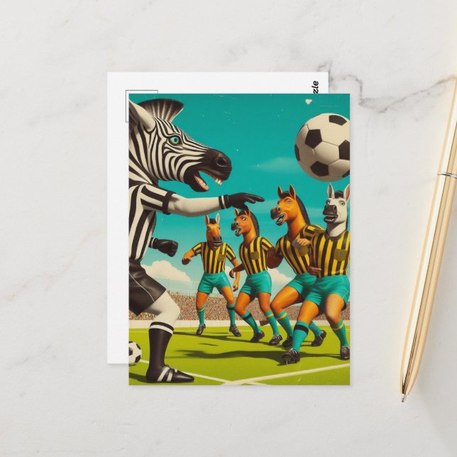 Carte Postale Funny Zèbre et Jeu de Football Cheval (Devant/Arrière en situation)
